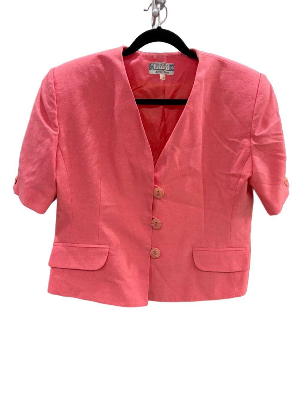 VTG 80s Braemar Petites by Jeremy Scott Coral Cropped Blazer Padded Shoulders 16